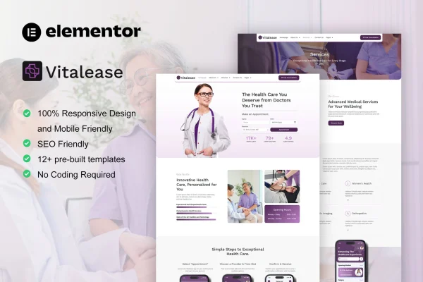 Vitalease health care and medical Elementor template kit preview