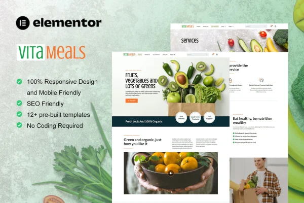 Vitameals fruits and vegetables store Elementor template kit preview