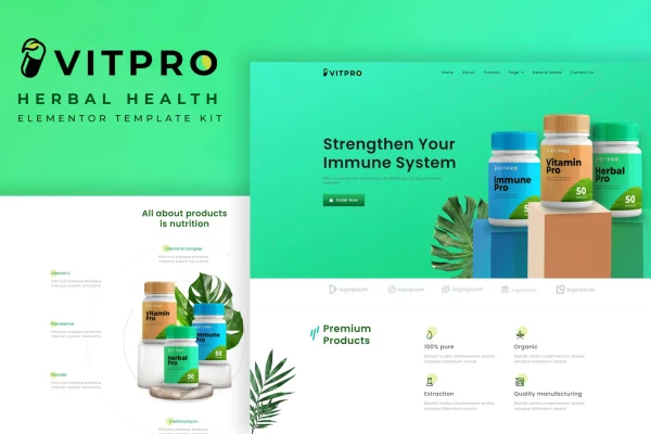 Vitpro herbal health Elementor template kit preview with wellness website page layouts