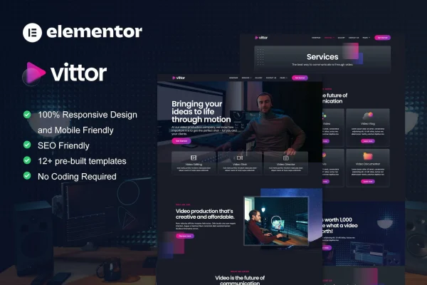 Vittor video production Elementor Pro template kit cover image