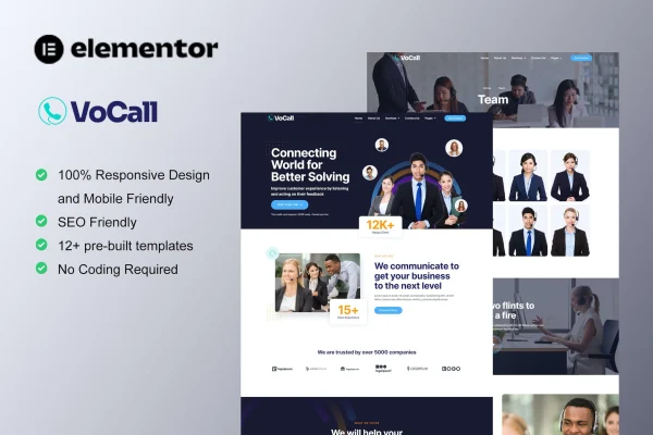 VoCall call center and telemarketing Elementor template kit preview