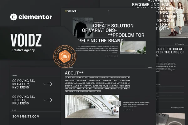 Voidz creative agency Elementor template kit cover with black and white page designs