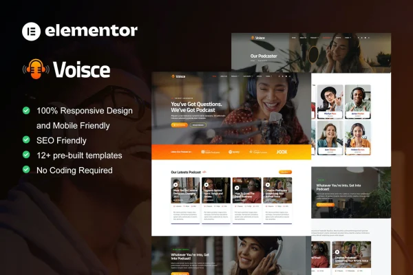 Voisce podcast and music streaming Elementor template kit preview