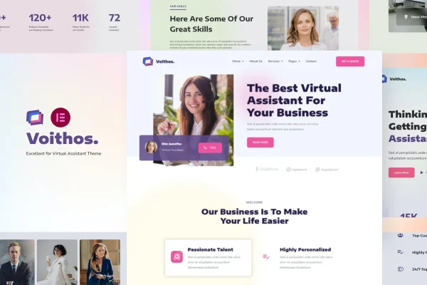 Voithos virtual assistant Elementor template kit cover showing website page layouts