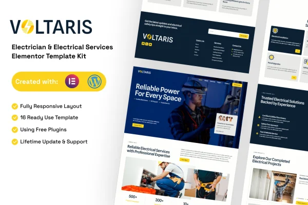 Voltaris electrician and electrical services Elementor template kit preview