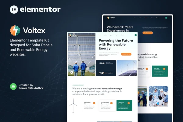Voltex solar panels and renewable energy Elementor template kit preview