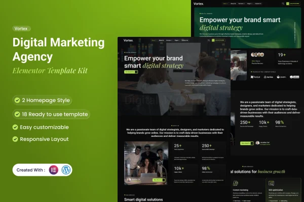 Vortex digital marketing agency Elementor template kit preview