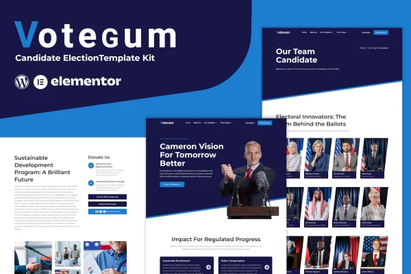 Votegum candidate election Elementor template kit cover showing campaign website page layouts