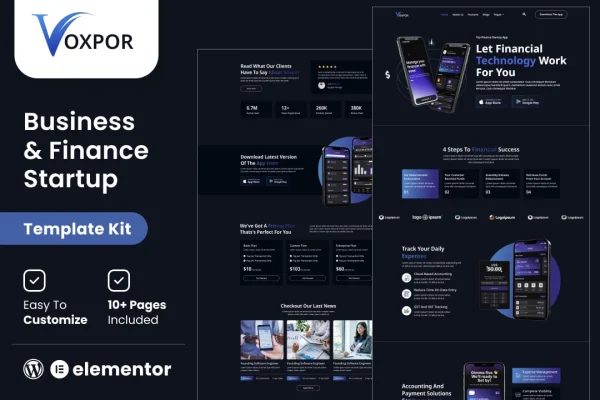 Voxpor business and finance startup Elementor template kit preview