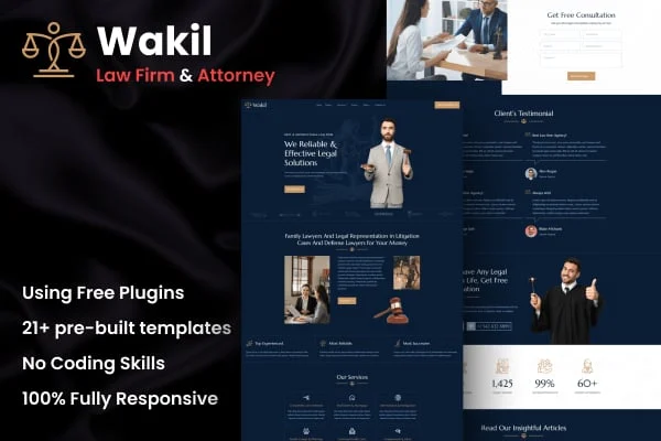 Wakil attorney law firm and legal services Elementor template kit preview