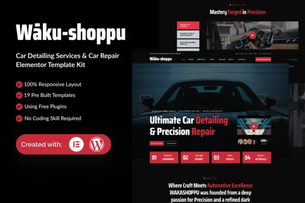 Waku-shoppu car detailing and repair Elementor template kit preview