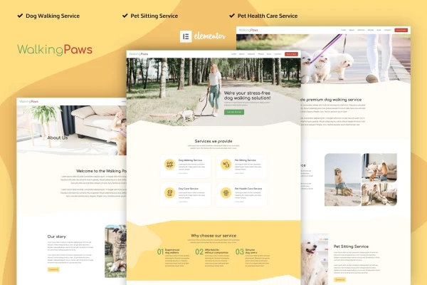 Walking Paws dog walking and pet services Elementor template kit preview