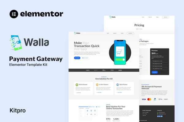 Walla payment gateway Elementor template kit preview showing page layouts