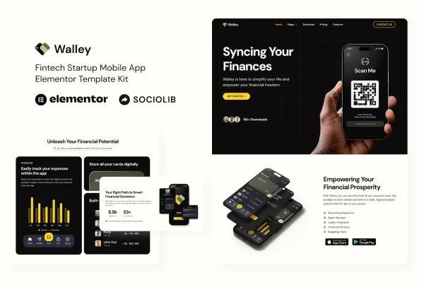 Walley fintech startup mobile app Elementor template kit preview