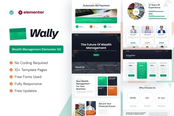 Wally wealth management Elementor template kit preview with finance website pages