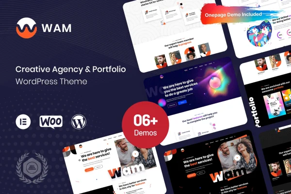 Wam creative agency WordPress theme preview with portfolio and service sections