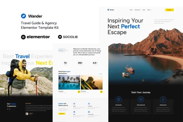Wander travel guide and agency Elementor template kit preview