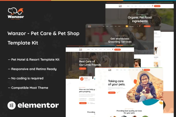 Wanzor pet care and pet shop Elementor Pro template kit preview