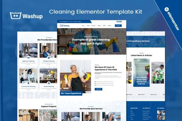 Washup cleaning services Elementor template kit preview
