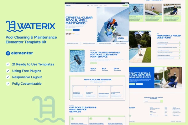 Waterix pool cleaning and maintenance Elementor template kit preview