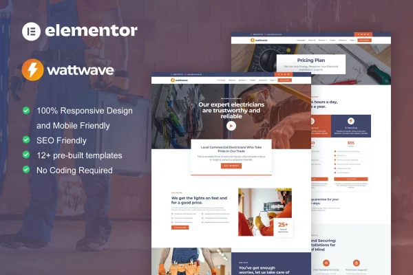 WattWave Elementor template kit preview for electrical installation and maintenance services