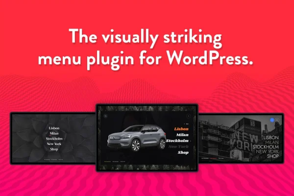 Wauki fullscreen WordPress menu plugin banner showing a full-screen navigation overlay