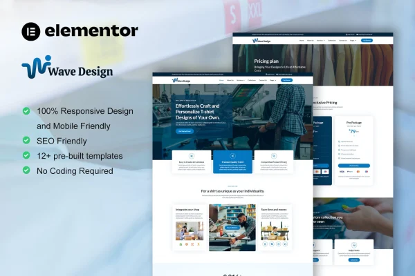 WaveDesign T-shirt design and printing Elementor Pro template kit preview