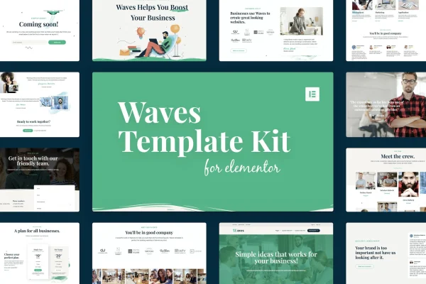 Waves startup agency Elementor template kit preview showing page layouts