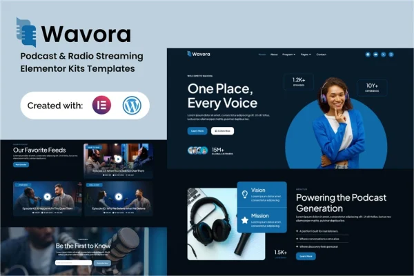 Wavora podcast and radio streaming Elementor template kit preview