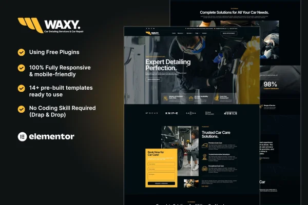 Waxy car detailing and car repair Elementor template kit preview