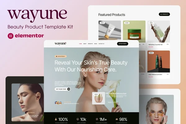 Wayune beauty care product Elementor template kit preview
