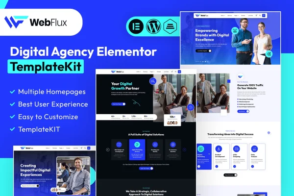 WebFlux digital agency Elementor template kit cover showing agency website page layouts