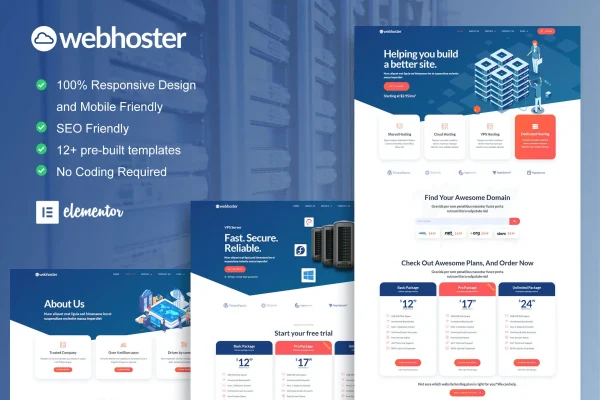 WebHoster Elementor template kit preview showing web hosting website page layouts
