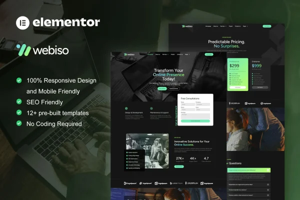 Webiso dark digital agency Elementor template kit preview
