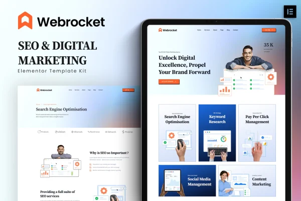 Webrocket SEO and digital marketing agency Elementor template kit preview