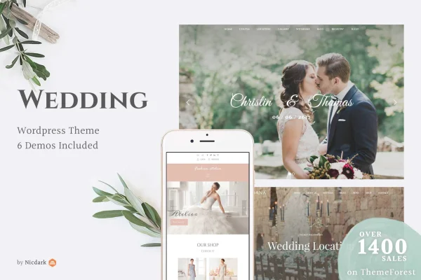 Wedding Theme WordPress theme preview with wedding website layouts