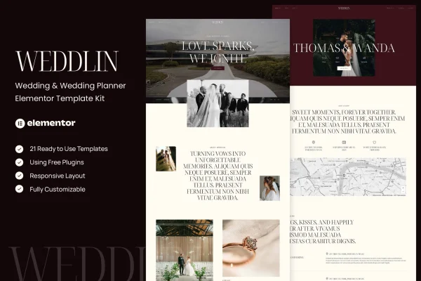 Weddlin wedding and wedding planner Elementor template kit preview