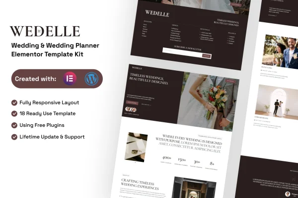 Wedelle wedding and wedding planner Elementor template kit preview