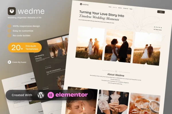 Wedme wedding organizer Elementor template kit cover showing elegant wedding website pages