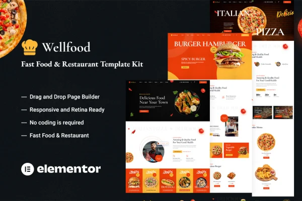 Wellfood fast food and restaurant Elementor Pro template kit preview