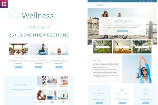 Wellness Elementor template kit preview with blue and white wellness website pages