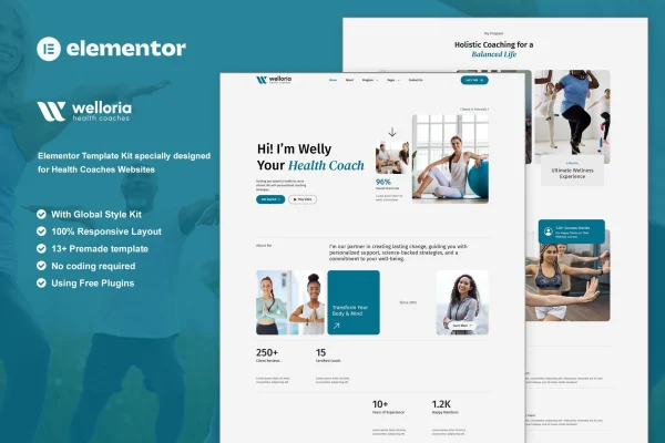 Welloria health coaches Elementor template kit preview with wellness website layouts