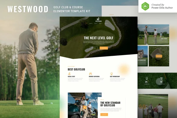 Westwood golf club and course Elementor template kit cover showing page designs