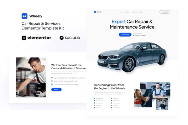 Wheely car repair and auto services Elementor template kit preview