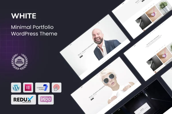 White minimal portfolio WordPress theme preview with clean white layout
