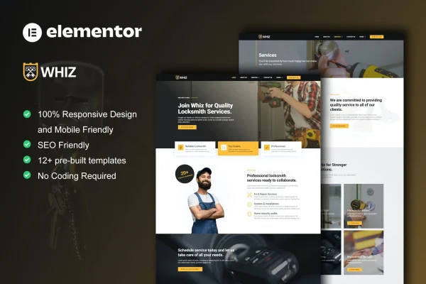 Whiz locksmith and key maker Elementor template kit preview