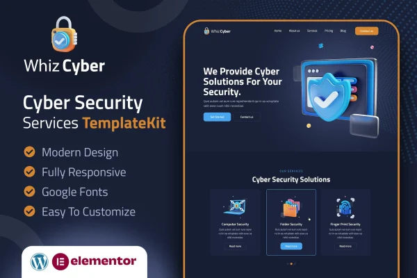 WhizCyber cyber security Elementor template kit page previews