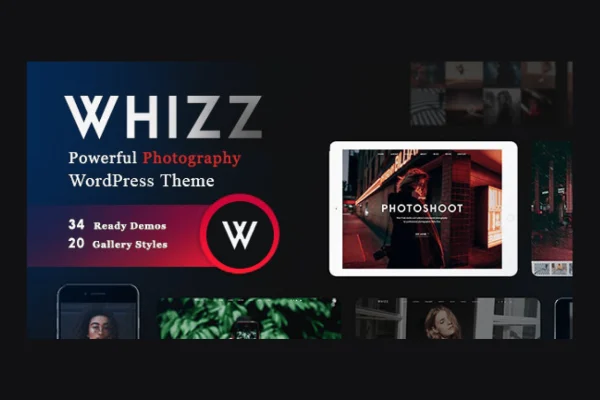 Whizz Theme photography WordPress theme preview with full-screen photo layout