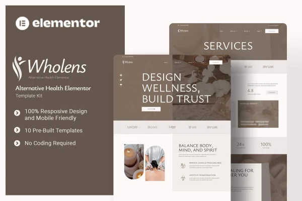 Wholens alternative health Elementor template kit preview