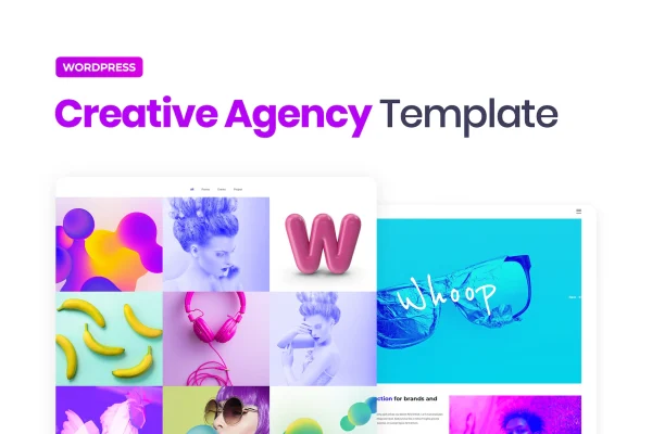 Whoop creative agency Elementor template kit cover with bright page previews